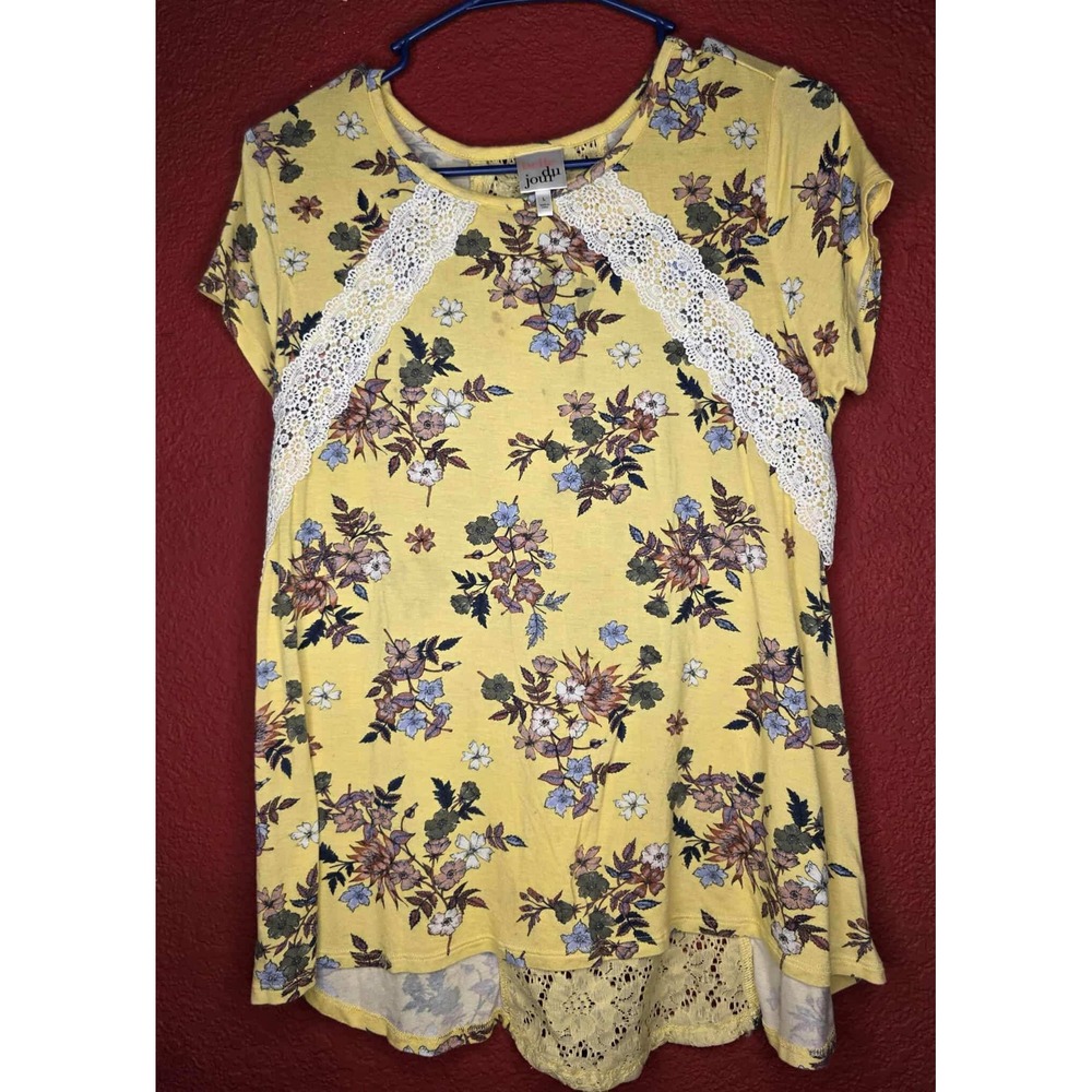 *STAINED* Belle de jeur‎ Floral Lace Top Yellow Short Sleeve Women's Shirt